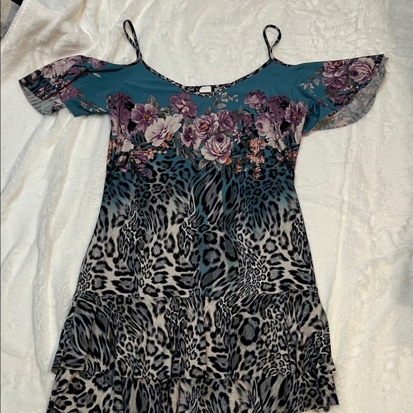 VENUS Teal and Purple Floral Leopard Mini Dress - Picture 1 of 7